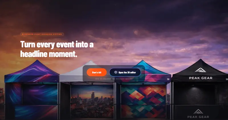 TentLab.io homepage with 3D tent configurator hero